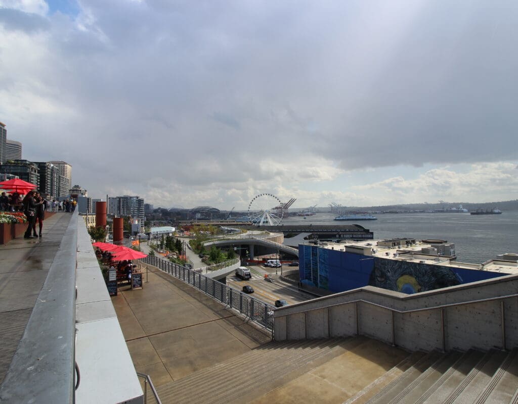 The view from the Pike Place Market Front, looking at the new Overlook Walk and the Seattle Waterfront.